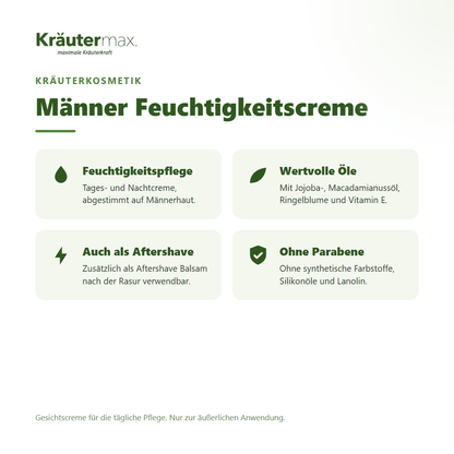 Männer Feuchtigkeitscreme von Kräutermax – Überblick: Tages- und Nachtcreme für Männerhaut, auch als Aftershave, 100 ml