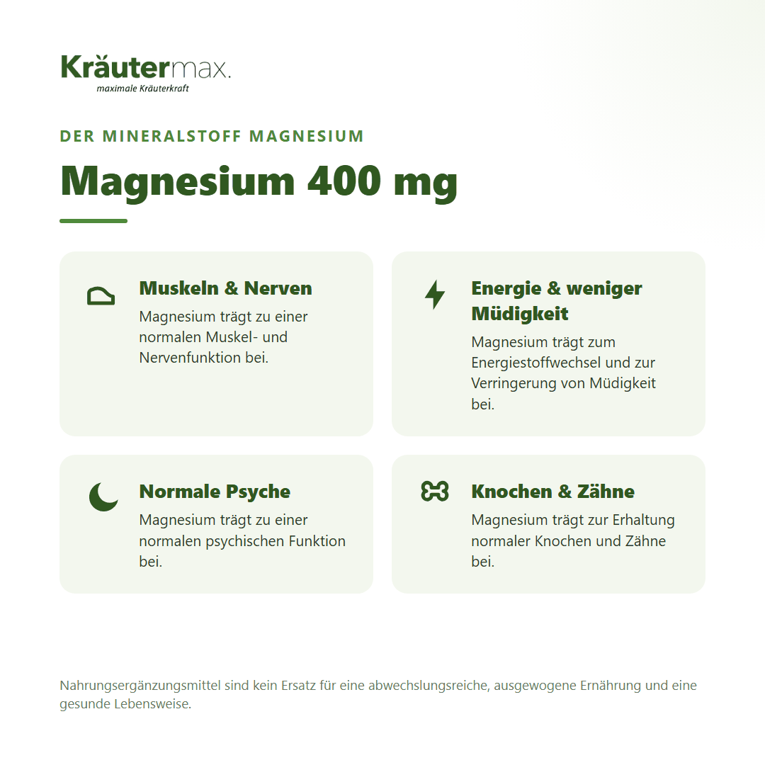 Magnesium 400 mg Kapseln von Kräutermax – für Muskeln, Nerven, Energie und normale Psyche, vegan