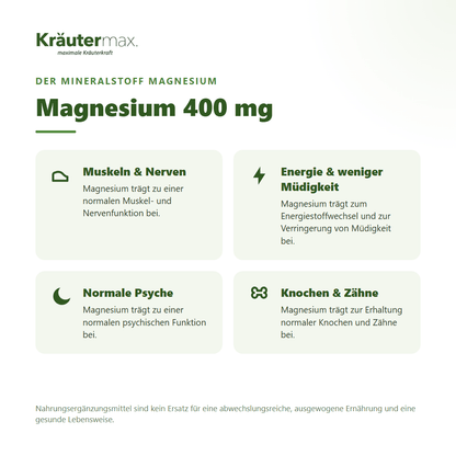 Magnesium 400 mg Kapseln von Kräutermax – für Muskeln, Nerven, Energie und normale Psyche, vegan