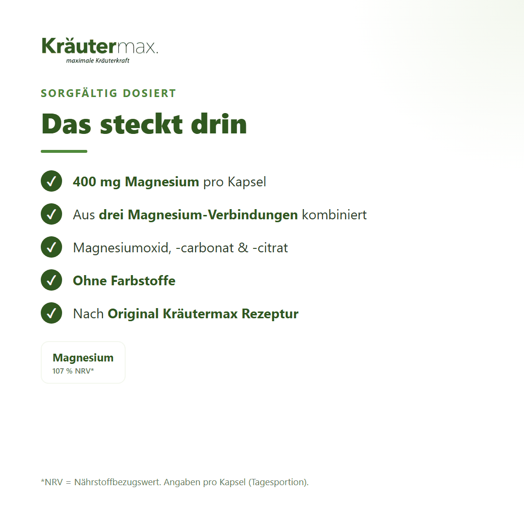 Magnesium 400 mg Kapseln – 400 mg Magnesium pro Kapsel, 107 Prozent NRV, aus drei Magnesium-Verbindungen