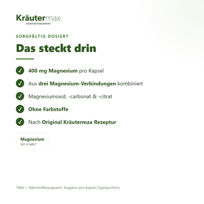 Magnesium 400 mg Kapseln – 400 mg Magnesium pro Kapsel, 107 Prozent NRV, aus drei Magnesium-Verbindungen