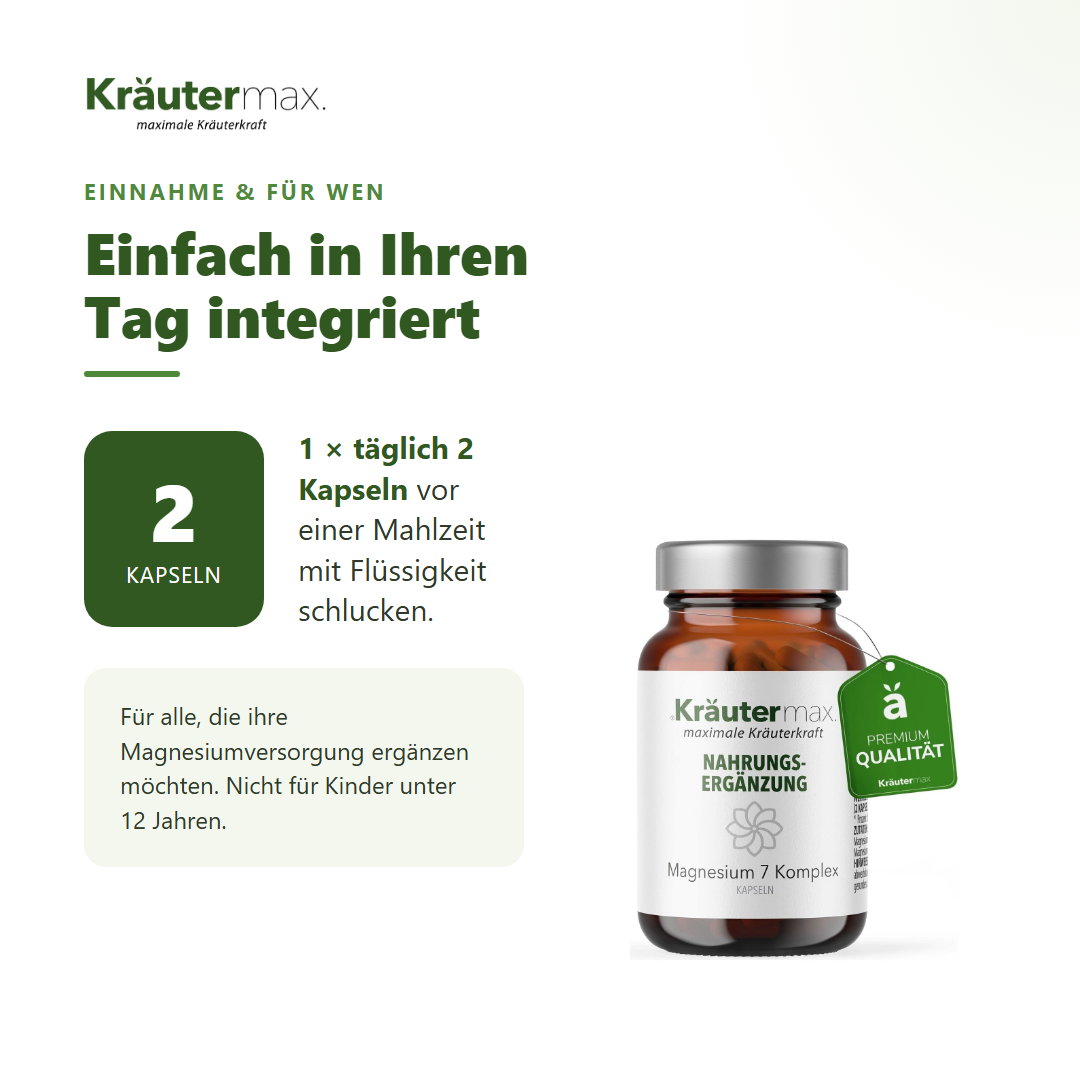 Magnesium 7 Komplex Kapseln – Einnahme: 1 mal täglich 2 Kapseln vor einer Mahlzeit