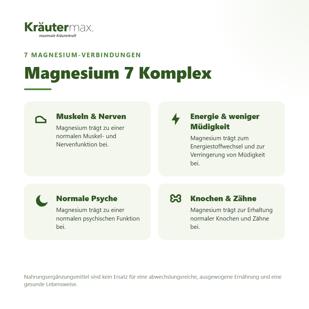 Magnesium 7 Komplex Kapseln von Kräutermax – für Muskeln, Nerven, Energie und normale Psyche, vegan