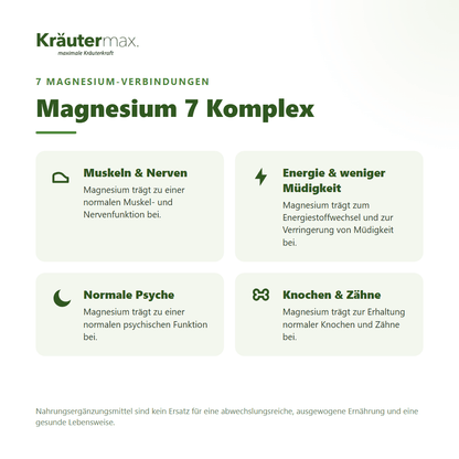 Magnesium 7 Komplex Kapseln von Kräutermax – für Muskeln, Nerven, Energie und normale Psyche, vegan
