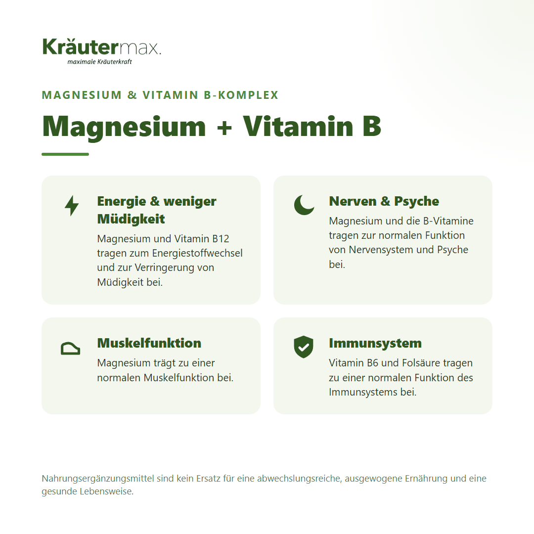 Magnesium mit Vitamin B Komplex Kapseln von Kräutermax – für Energie, Nerven, Muskeln und Immunsystem, vegan