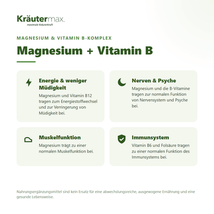 Magnesium mit Vitamin B Komplex Kapseln von Kräutermax – für Energie, Nerven, Muskeln und Immunsystem, vegan