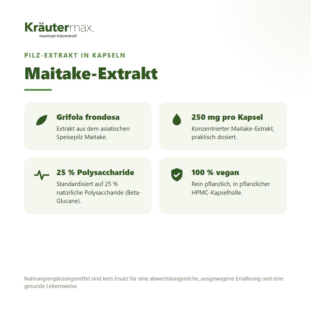 Maitake Kapseln von Kräutermax – 250 mg Maitake-Extrakt (Grifola frondosa), 25 Prozent Polysaccharide, vegan