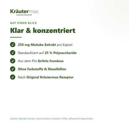 Maitake Kapseln – Zusammensetzung: 250 mg Maitake-Extrakt pro Kapsel, standardisiert auf 25 Prozent Polysaccharide