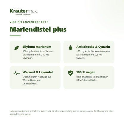 Mariendistel plus Kapseln von Kräutermax – mit Silymarin, Artischocke, Wermut und Lavendel, vegan