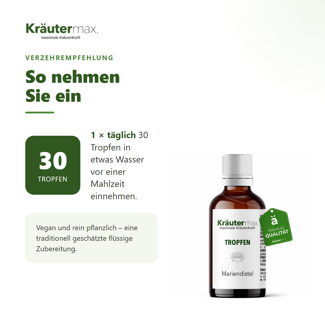 Mariendistel Tropfen – Verzehrempfehlung: 1 x täglich 30 Tropfen in etwas Wasser
