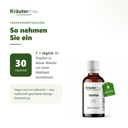 Mariendistel Tropfen – Verzehrempfehlung: 1 x täglich 30 Tropfen in etwas Wasser