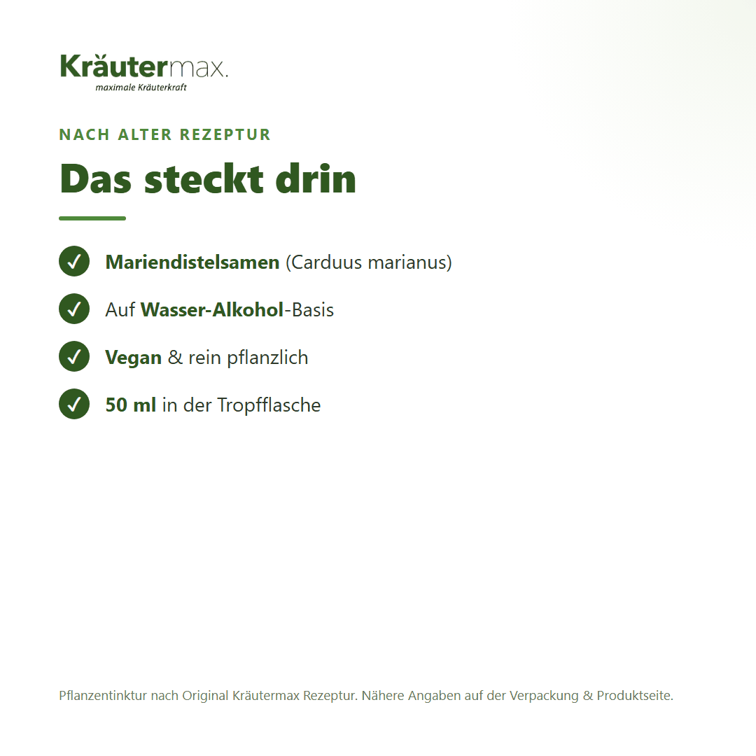 Mariendistel Tropfen – Inhaltsstoffe: Mariendistelsamen (Carduus marianus), 50 ml Tropfflasche