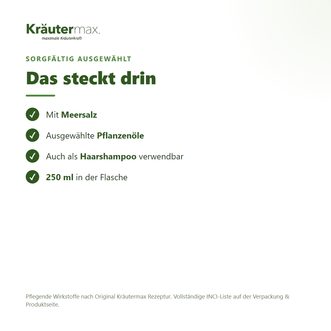 Meersalz Duschgel – Inhaltsstoffe: Meersalz, ausgewählte Pflanzenöle, 250 ml Flasche