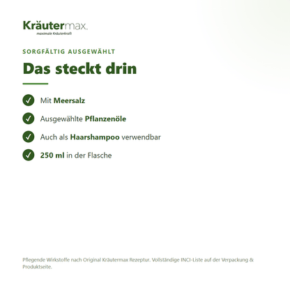 Meersalz Duschgel – Inhaltsstoffe: Meersalz, ausgewählte Pflanzenöle, 250 ml Flasche