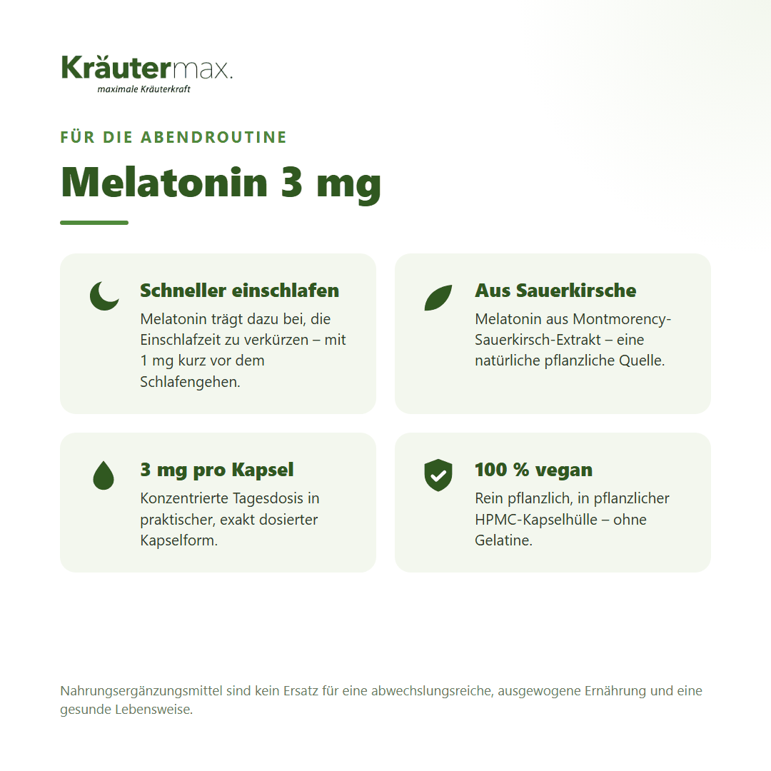 Melatonin 3 mg Kapseln von Kräutermax – Melatonin verkürzt die Einschlafzeit, aus Sauerkirsch-Extrakt, vegan