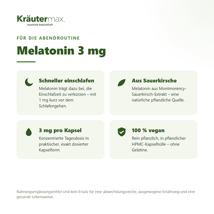 Melatonin 3 mg Kapseln von Kräutermax – Melatonin verkürzt die Einschlafzeit, aus Sauerkirsch-Extrakt, vegan