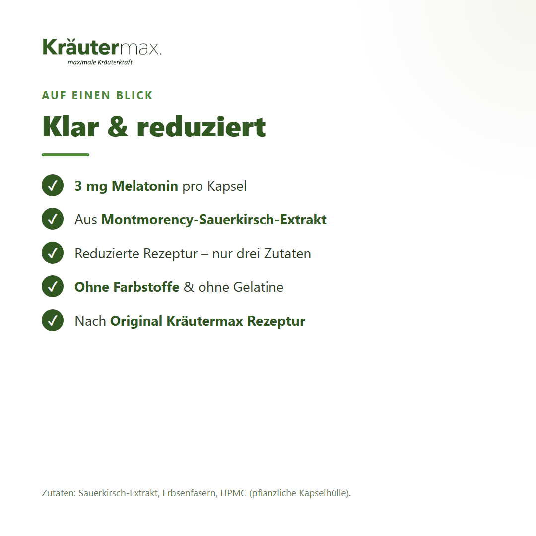 Melatonin 3 mg Kapseln – 3 mg Melatonin pro Kapsel aus Montmorency-Sauerkirsch-Extrakt, ohne Farbstoffe