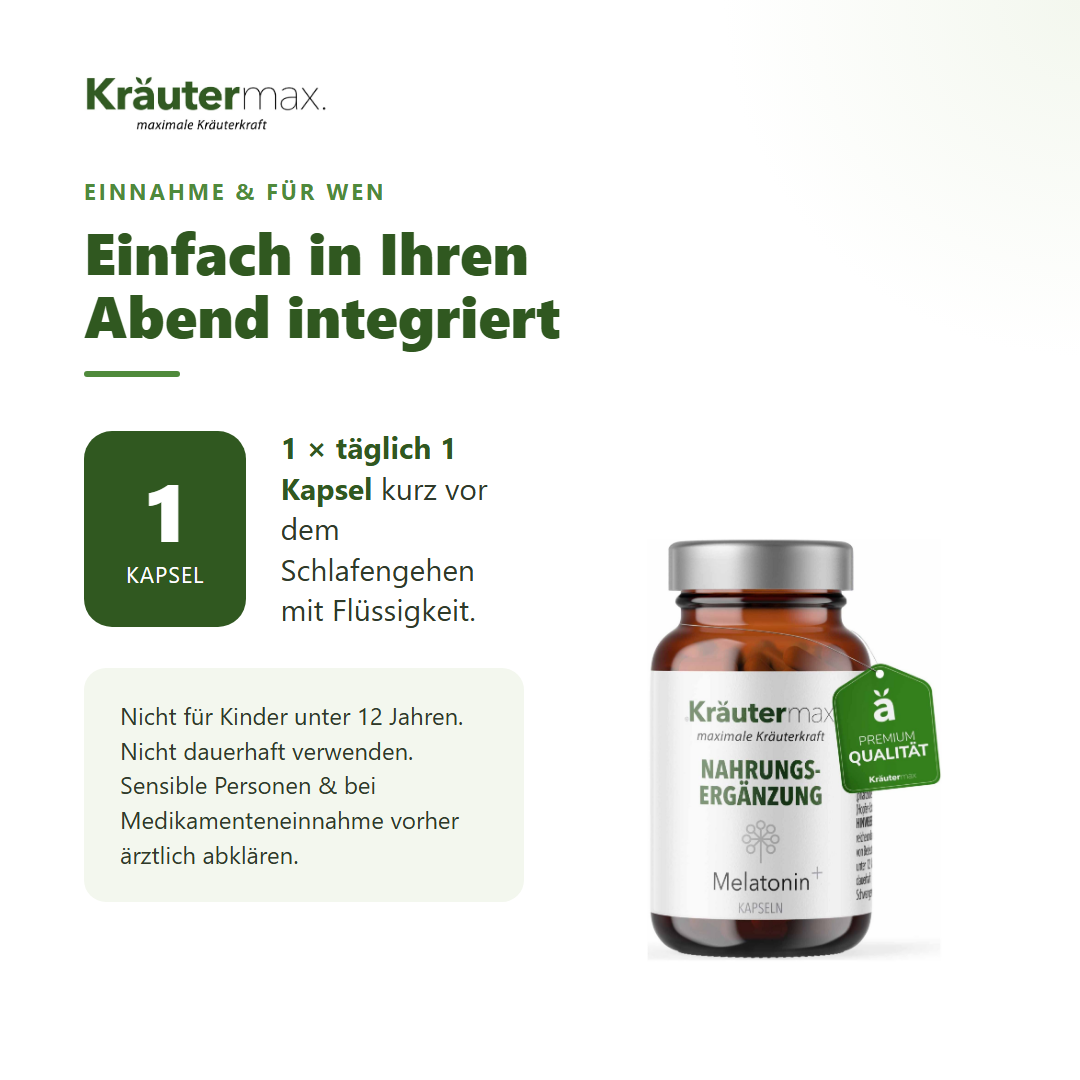 Melatonin 5 mg plus Kapseln – Einnahme: 1 mal täglich 1 Kapsel kurz vor dem Schlafengehen