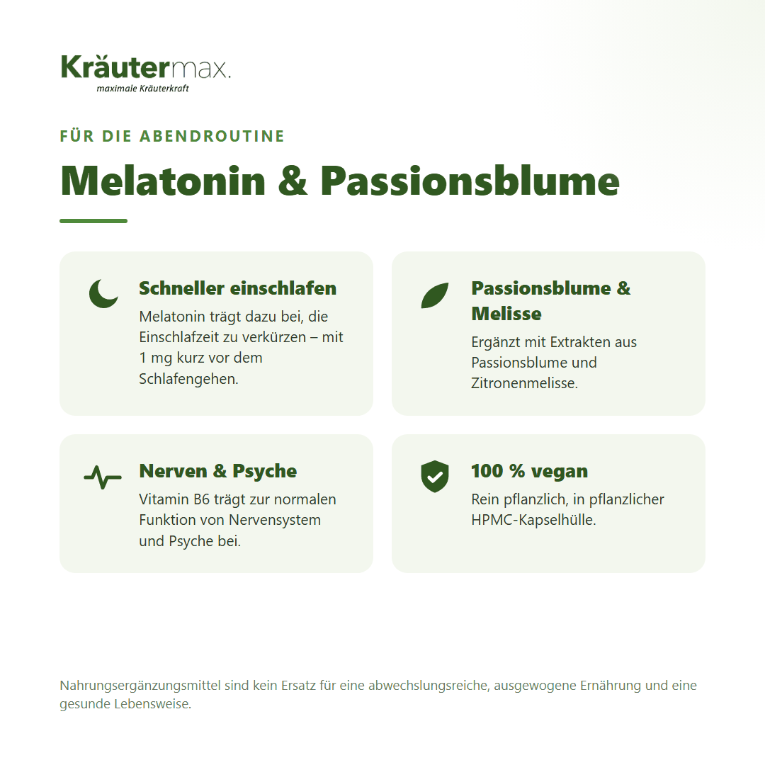 Melatonin 1 mg & Passionsblume plus Kapseln von Kräutermax – Melatonin verkürzt die Einschlafzeit, mit Passionsblume und Vitamin B6, vegan