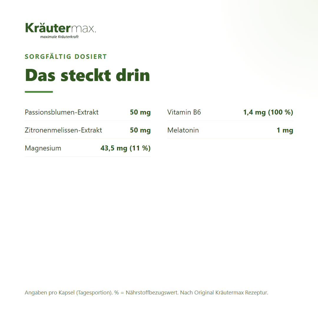 Melatonin & Passionsblume – pro Kapsel: Passionsblumen- und Zitronenmelissen-Extrakt, Magnesium, Vitamin B6, 1 mg Melatonin