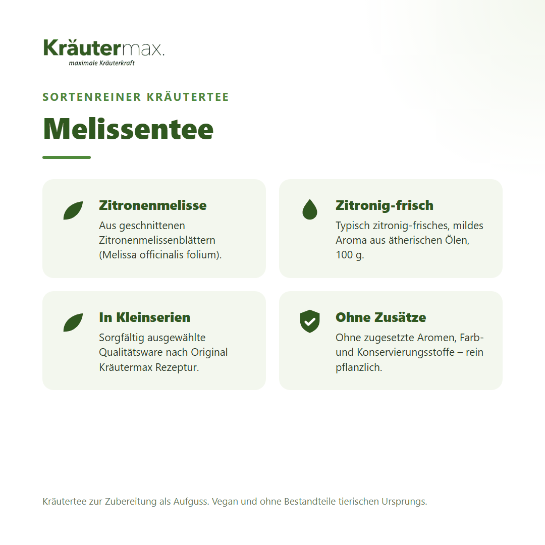 Melissentee – Überblick: sortenreiner Kräutertee aus Zitronenmelissenblättern (Melissa officinalis), 100 g, ohne Zusätze