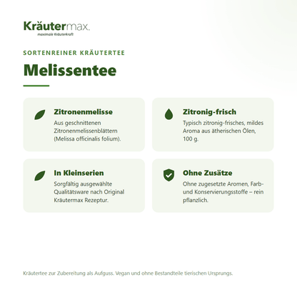 Melissentee – Überblick: sortenreiner Kräutertee aus Zitronenmelissenblättern (Melissa officinalis), 100 g, ohne Zusätze