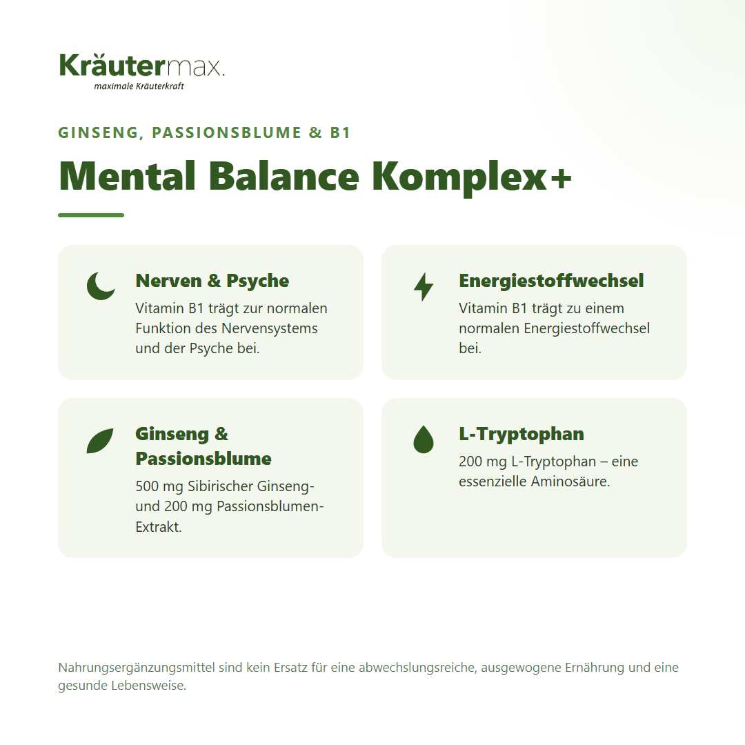 Mental Balance Komplex+ Kapseln von Kräutermax – Vitamin B1 für Nerven und Psyche, mit Ginseng, Passionsblume und L-Tryptophan, vegan