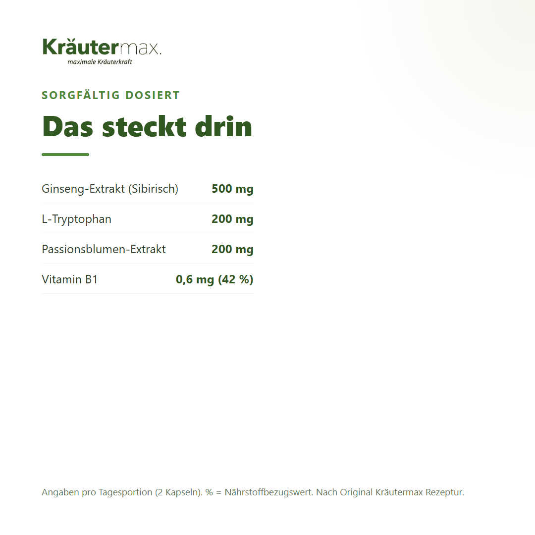 Mental Balance Komplex+ – pro Tagesportion: 500 mg Sibirischer Ginseng, 200 mg L-Tryptophan, 200 mg Passionsblume, Vitamin B1