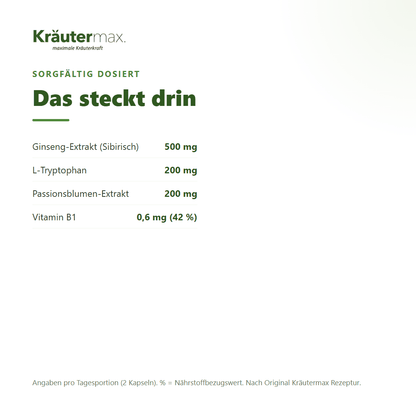 Mental Balance Komplex+ – pro Tagesportion: 500 mg Sibirischer Ginseng, 200 mg L-Tryptophan, 200 mg Passionsblume, Vitamin B1