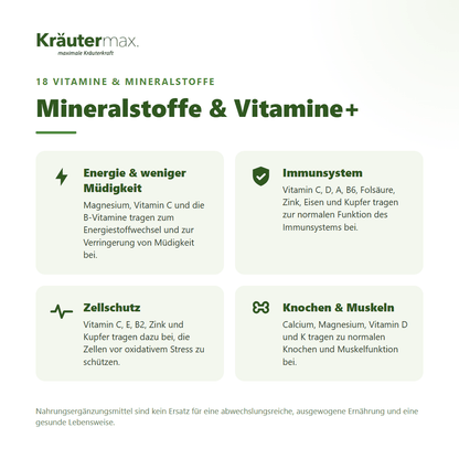 Mineralstoffe & Vitamine+ Kapseln von Kräutermax – für Energie, Immunsystem, Zellschutz und Knochen, 18 Nährstoffe