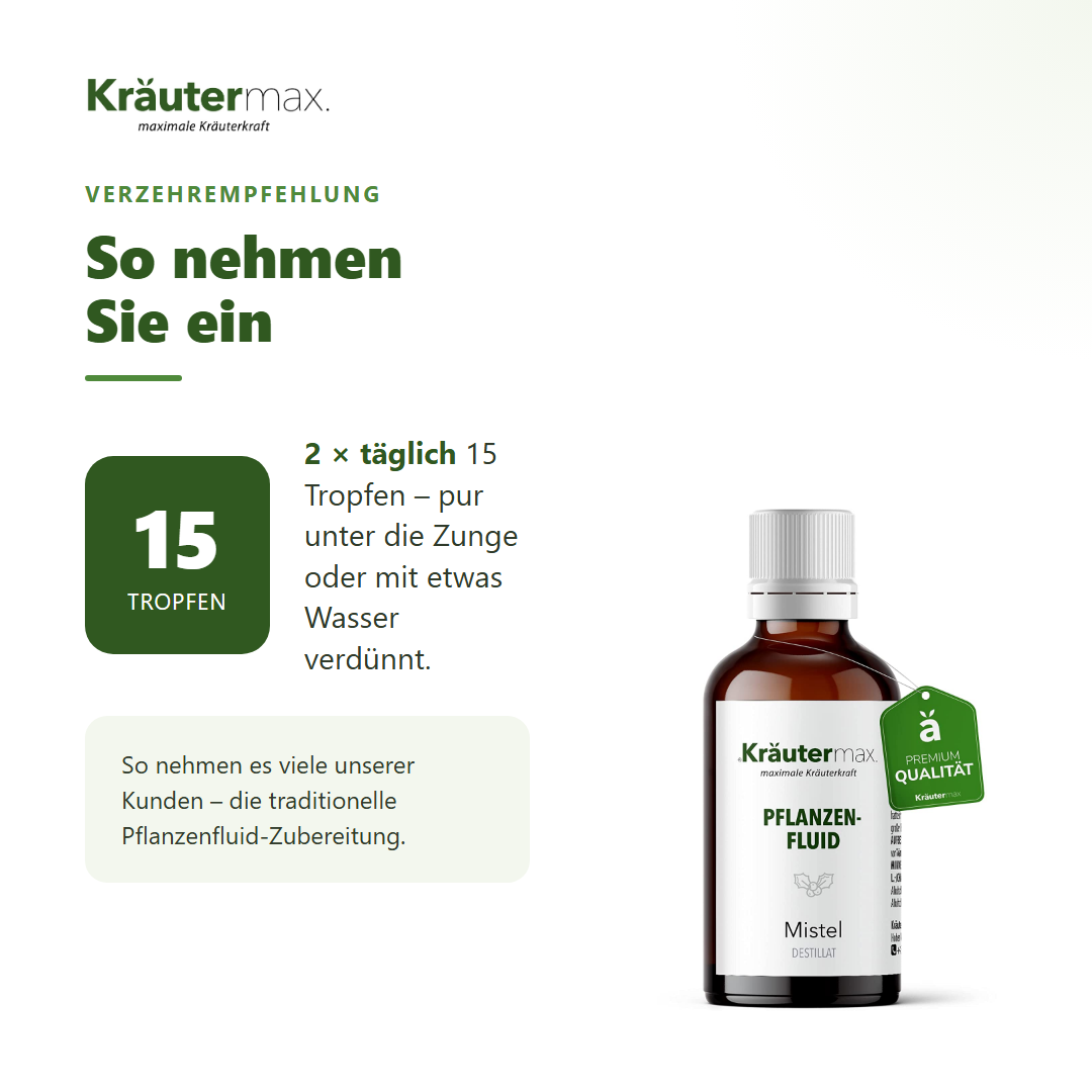 Mistel Fluid – Verzehrempfehlung: 2 x täglich 15 Tropfen pur oder mit Wasser verdünnt