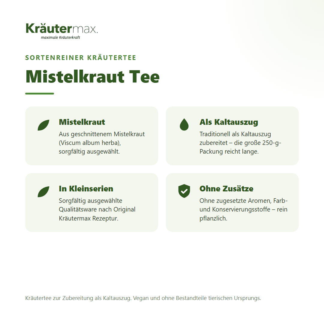 Mistelkraut Tee – Überblick: sortenreiner Kräutertee aus Mistelkraut (Viscum album), 250 g, als Kaltauszug