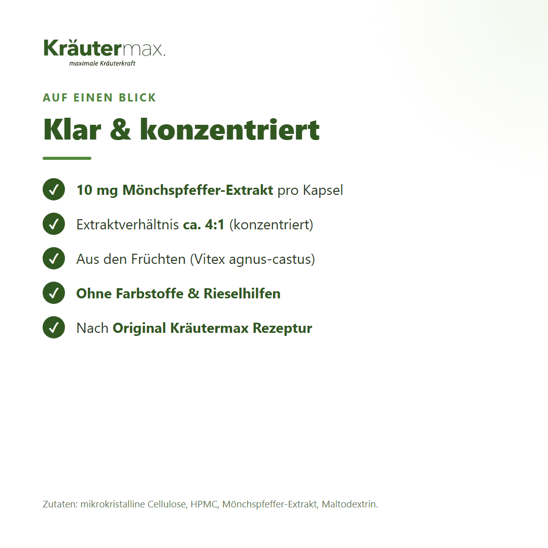 Mönchspfeffer Kapseln – Zusammensetzung: 10 mg Mönchspfeffer-Extrakt pro Kapsel, Extraktverhältnis ca. 4:1