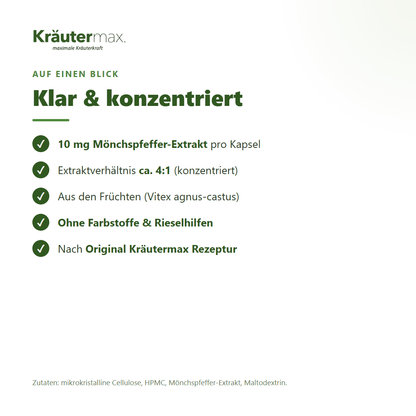 Mönchspfeffer Kapseln – Zusammensetzung: 10 mg Mönchspfeffer-Extrakt pro Kapsel, Extraktverhältnis ca. 4:1