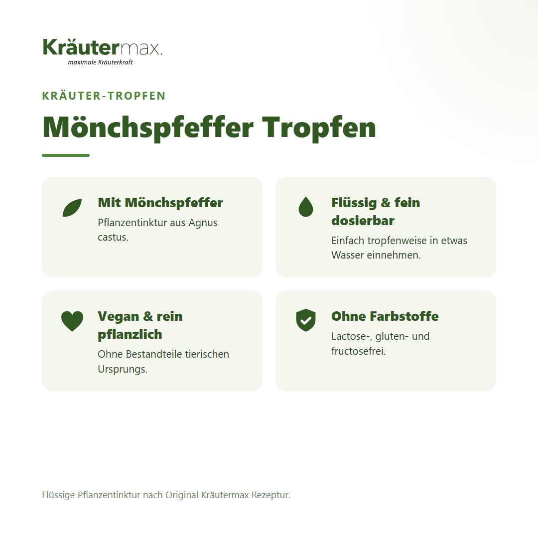 Mönchspfeffer Tropfen von Kräutermax – Überblick: flüssige Pflanzentinktur, vegan