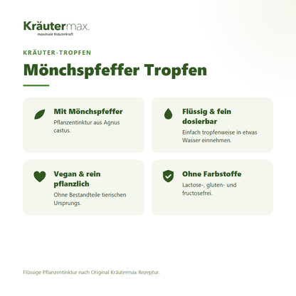 Mönchspfeffer Tropfen von Kräutermax – Überblick: flüssige Pflanzentinktur, vegan