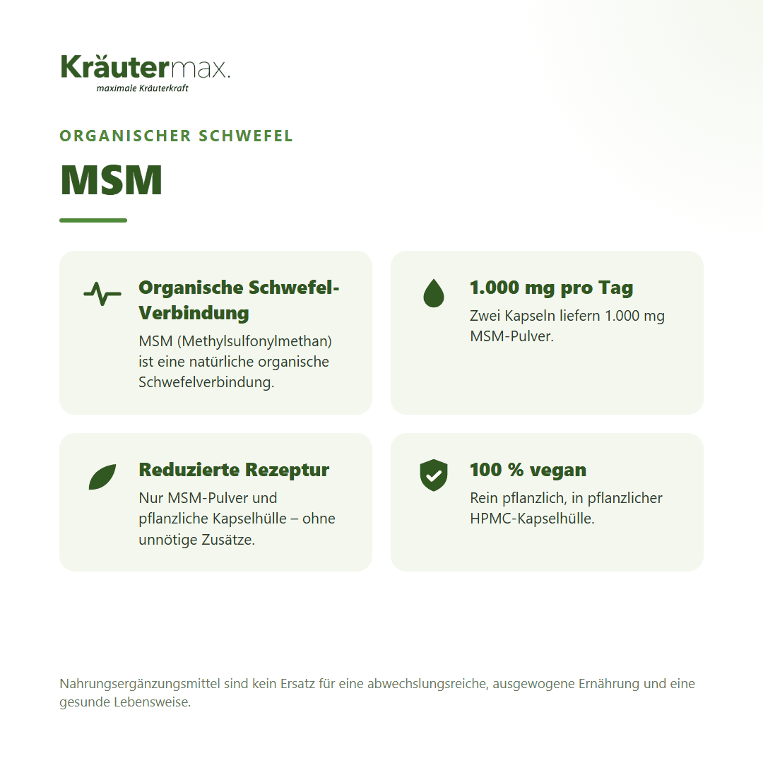 MSM Kapseln von Kräutermax – Methylsulfonylmethan, organische Schwefelverbindung, 1.000 mg pro Tag, vegan