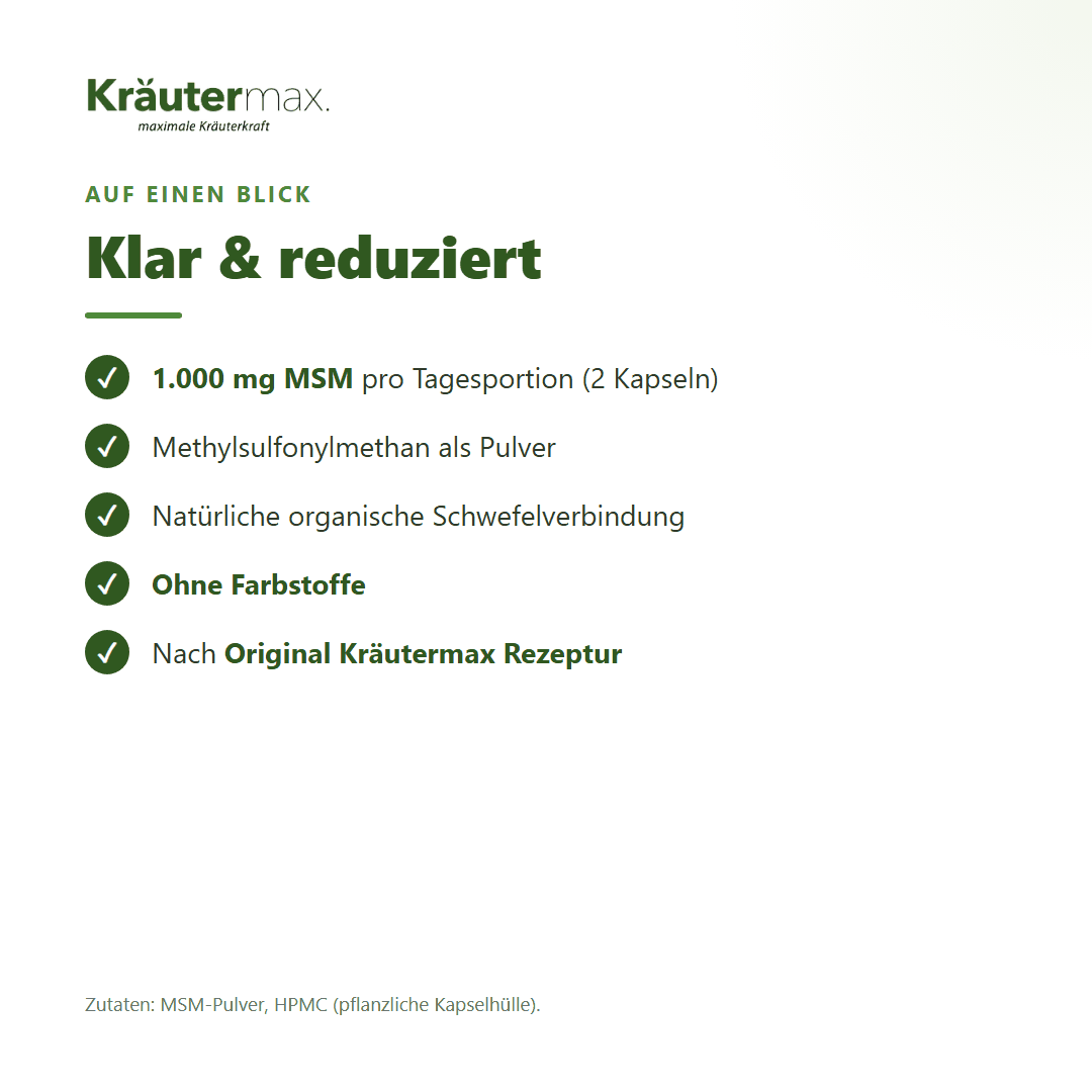 MSM Kapseln – Zusammensetzung: 1.000 mg Methylsulfonylmethan pro Tagesportion, ohne Farbstoffe