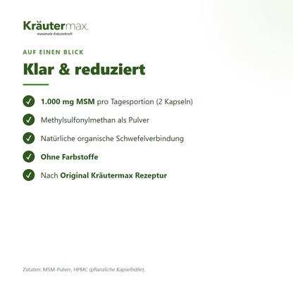 MSM Kapseln – Zusammensetzung: 1.000 mg Methylsulfonylmethan pro Tagesportion, ohne Farbstoffe