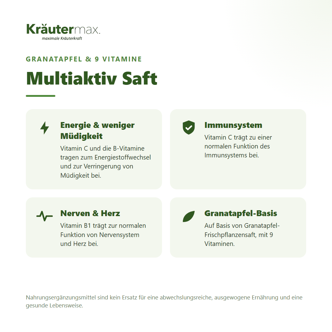 Multiaktiv Saft von Kräutermax – mit 9 Vitaminen für Energie, Immunsystem, Nerven, auf Granatapfel-Basis