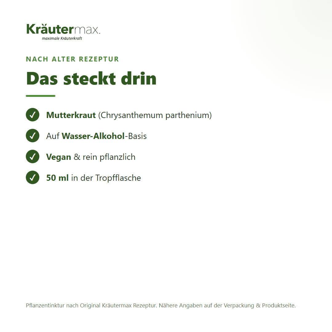 Mutterkraut Tropfen – Inhaltsstoffe: Mutterkraut (Chrysanthemum parthenium), 50 ml Tropfflasche