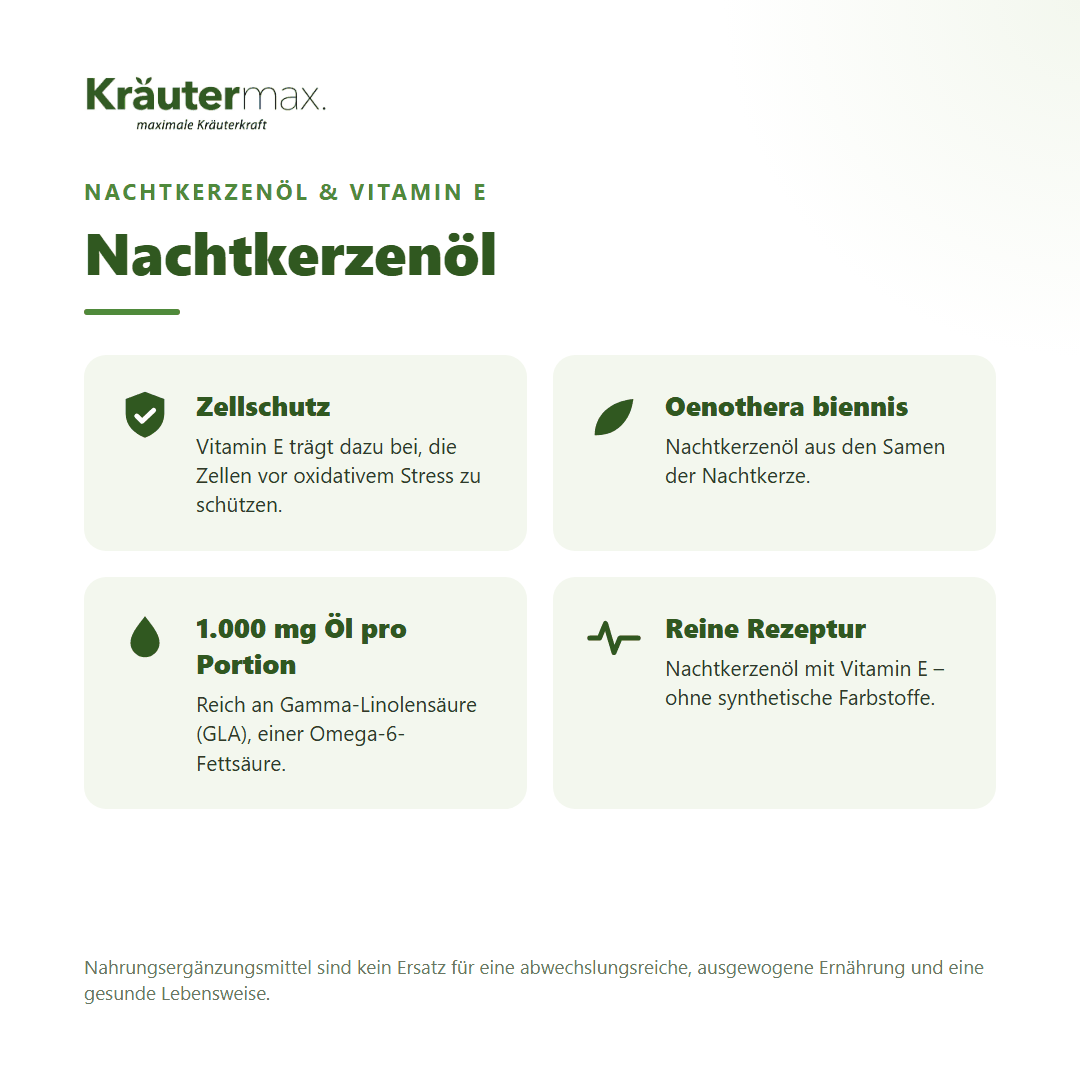 Nachtkerzenöl Kapseln von Kräutermax – 1.000 mg Nachtkerzenöl mit GLA und Vitamin E für Zellschutz
