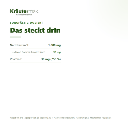 Nachtkerzenöl Kapseln – pro Tagesportion: 1.000 mg Nachtkerzenöl, 90 mg Gamma-Linolensäure, 30 mg Vitamin E