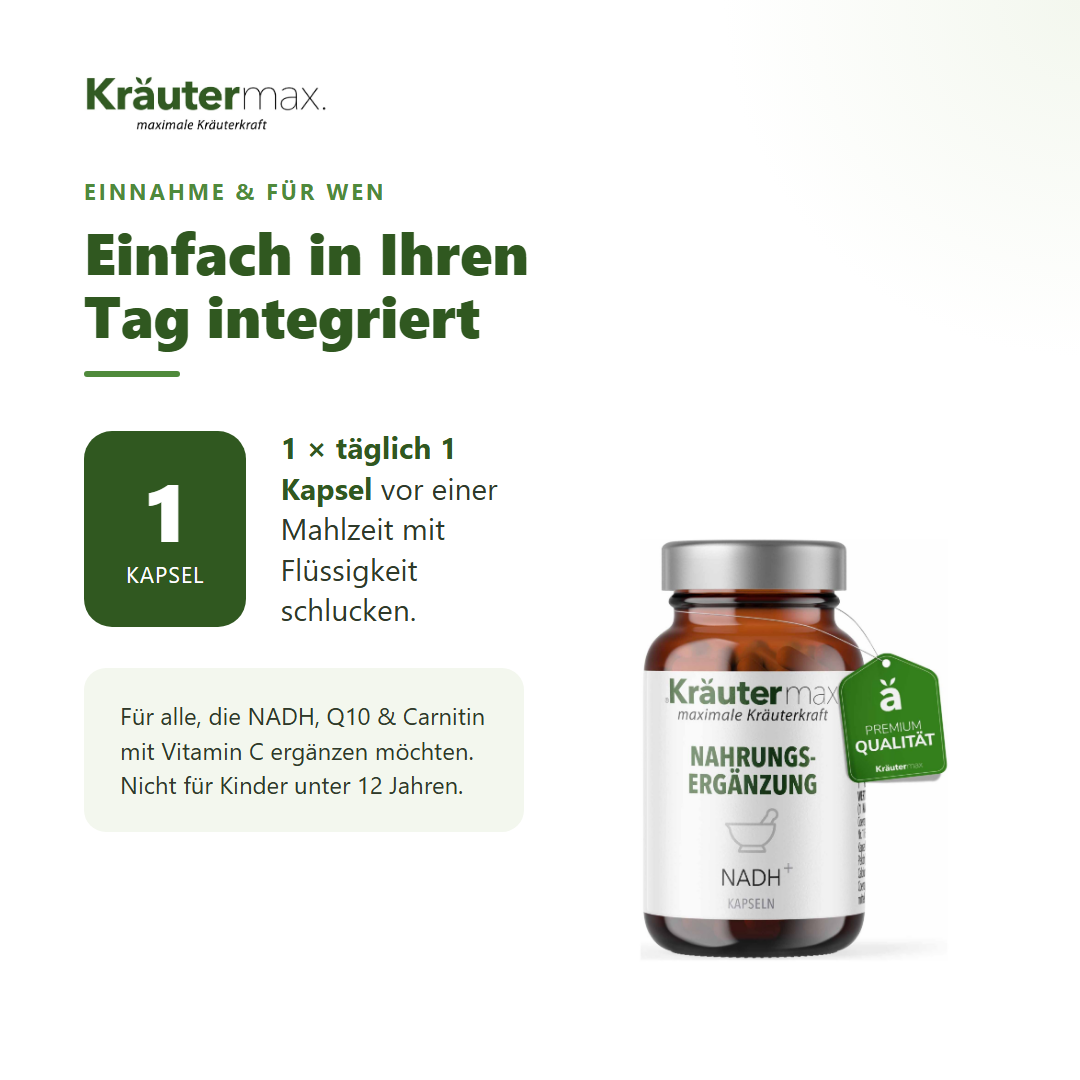 NADH 15 mg Kapseln – Einnahme: 1 mal täglich 1 Kapsel vor einer Mahlzeit