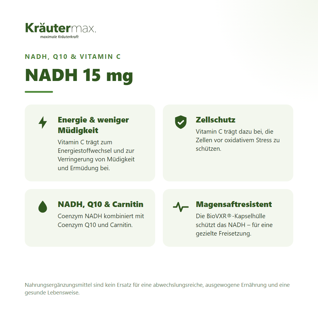 NADH 15 mg Kapseln von Kräutermax – mit Coenzym Q10, Carnitin und Vitamin C für Energie und Zellschutz