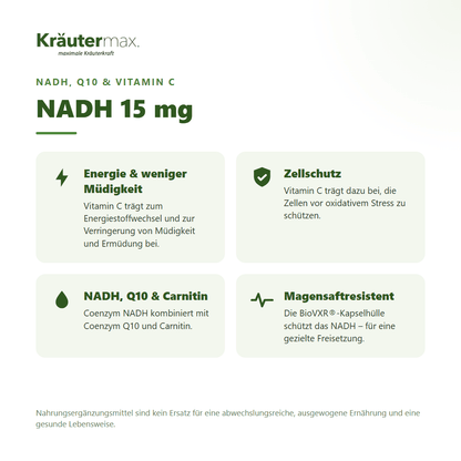 NADH 15 mg Kapseln von Kräutermax – mit Coenzym Q10, Carnitin und Vitamin C für Energie und Zellschutz