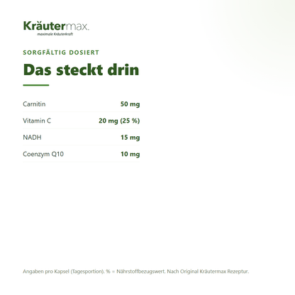 NADH 15 mg – pro Kapsel: 50 mg Carnitin, 20 mg Vitamin C, 15 mg NADH, 10 mg Coenzym Q10