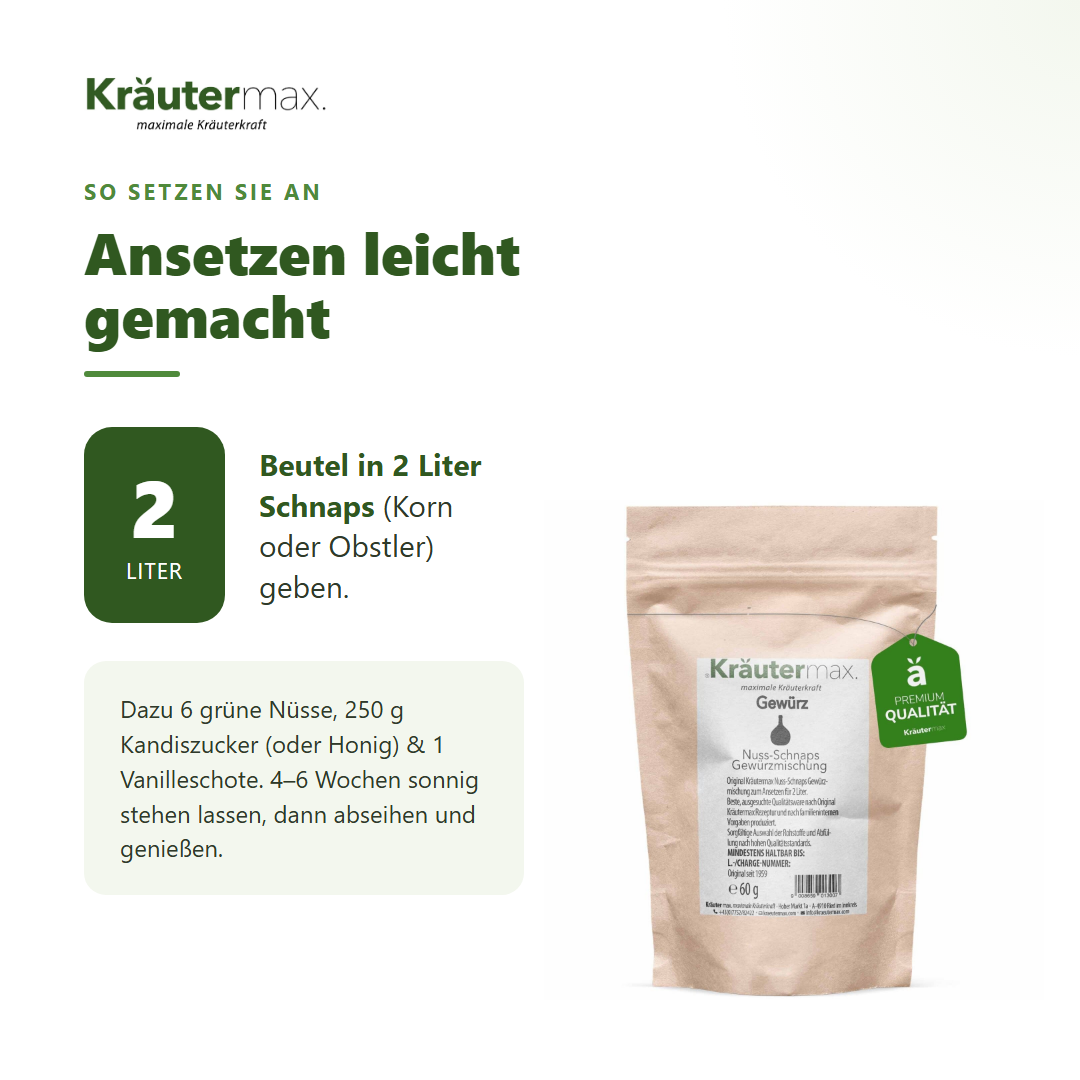 Nuss-Schnaps Ansatzmischung – Zubereitung: Beutel in 2 Liter Schnaps mit grünen Nüssen, Kandiszucker und Vanille, 4-6 Wochen sonnig