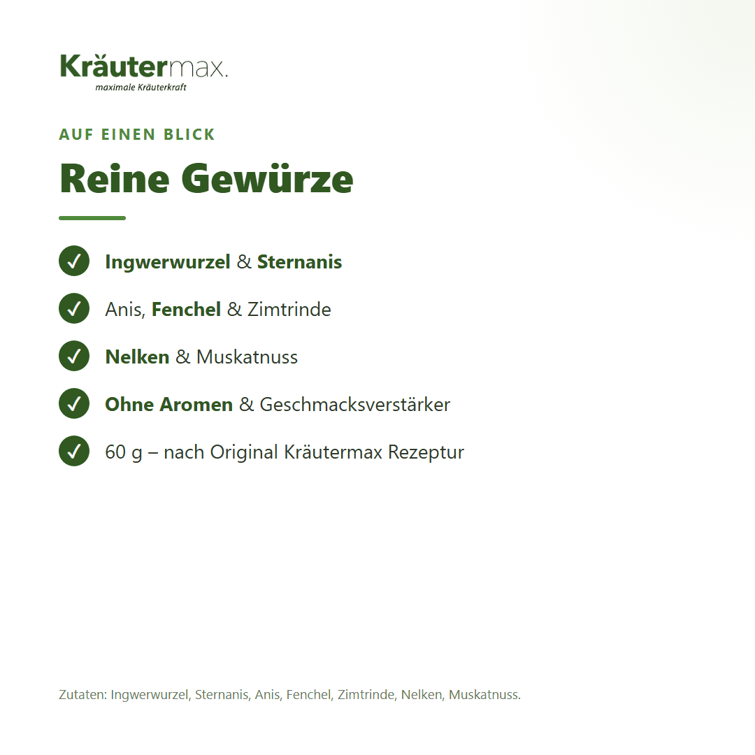 Nuss-Schnaps Gewürzmischung – Zutaten: Ingwer, Sternanis, Anis, Fenchel, Zimtrinde, Nelken, Muskatnuss