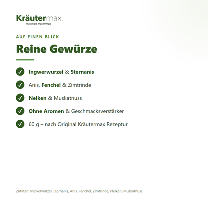 Nuss-Schnaps Gewürzmischung – Zutaten: Ingwer, Sternanis, Anis, Fenchel, Zimtrinde, Nelken, Muskatnuss